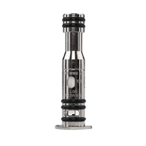 Resistencia Lost Vape UB Mini Mesh Coil en posición vertical, con cuerpo metálico, juntas negras y abertura lateral sobre fondo blanco.