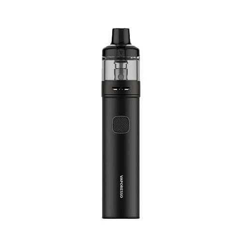 Vaporesso GTX GO80 negro en posición vertical, con depósito transparente, boquilla negra y botón frontal sobre fondo blanco.