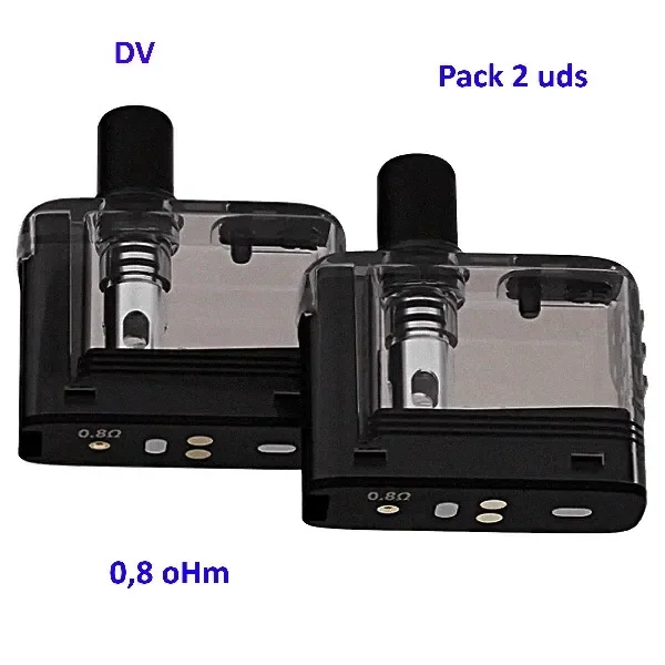 Pods Lost Vape Ori para Orion con depósito transparente y boquilla negra; el texto indica pack de 2 unidades y resistencia de 0,8 ohmios.