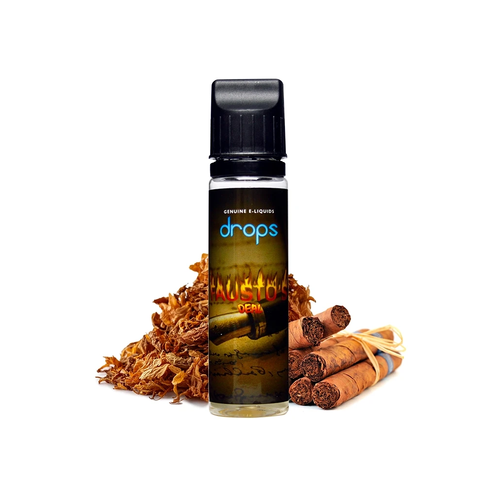 Frasco Drops Faustos Deal con tapón negro y etiqueta oscura, acompañado de hojas de tabaco desmenuzadas y puros sobre fondo blanco.