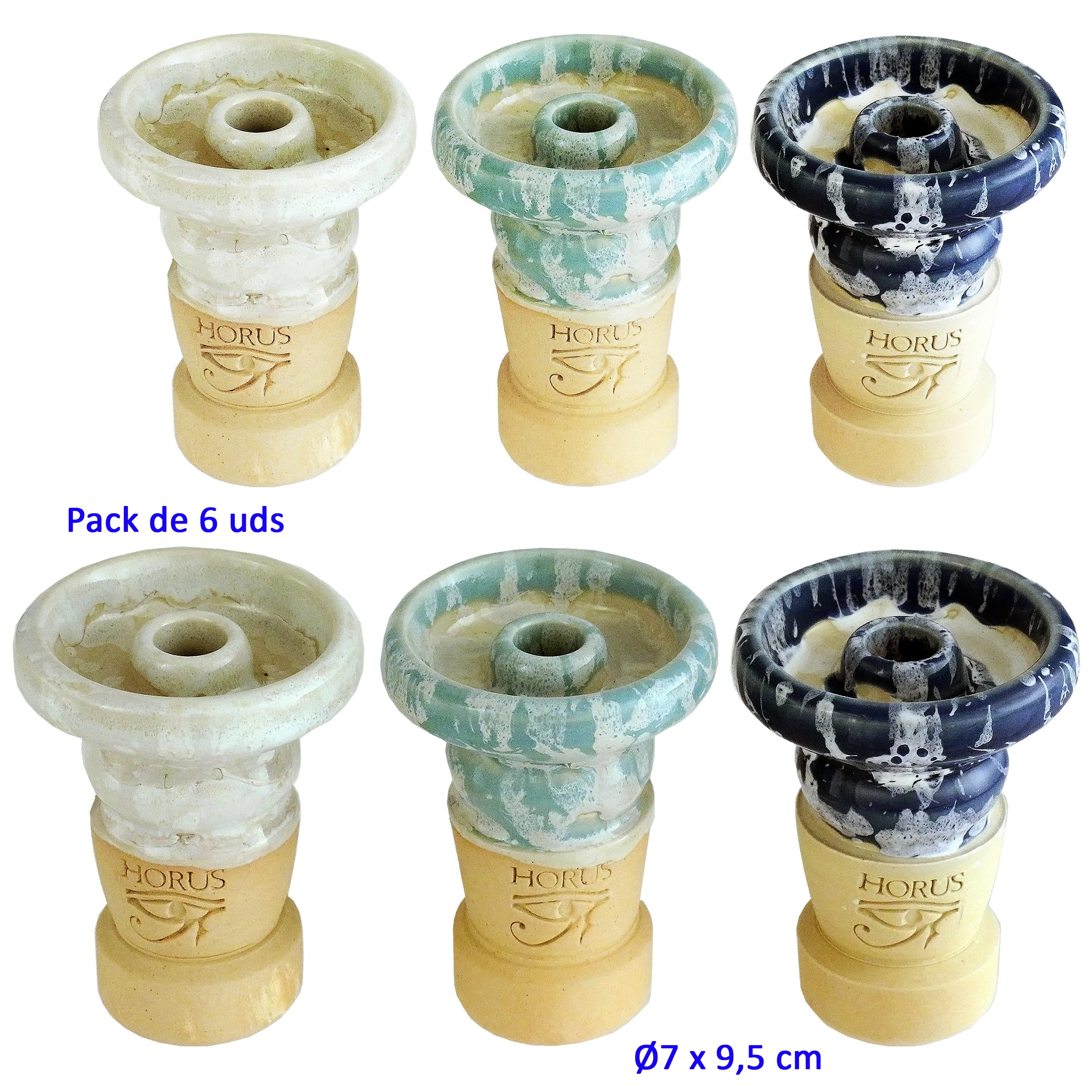 Cazoletas para cachimba con orificio central elevado, bases beige y acabados blancos, verdes y azul oscuro, con inscripción Horus. Cazoletas para cachimba con orificio central elevado, bases beige y acabados blancos, verdes y azul oscuro, con inscripción Horus.