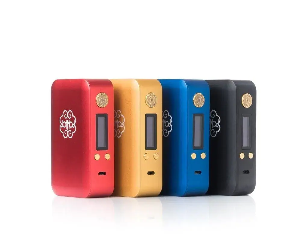 Selección de mods DotBox de dotMod en rojo, dorado, azul y negro, con pantalla rectangular, botones dorados y puerto frontal.