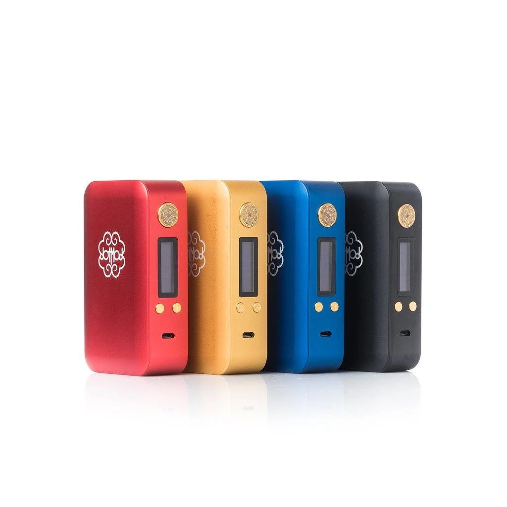 Selección de mods DotBox de dotMod en rojo, dorado, azul y negro, con pantalla rectangular, botones dorados y puerto frontal.
