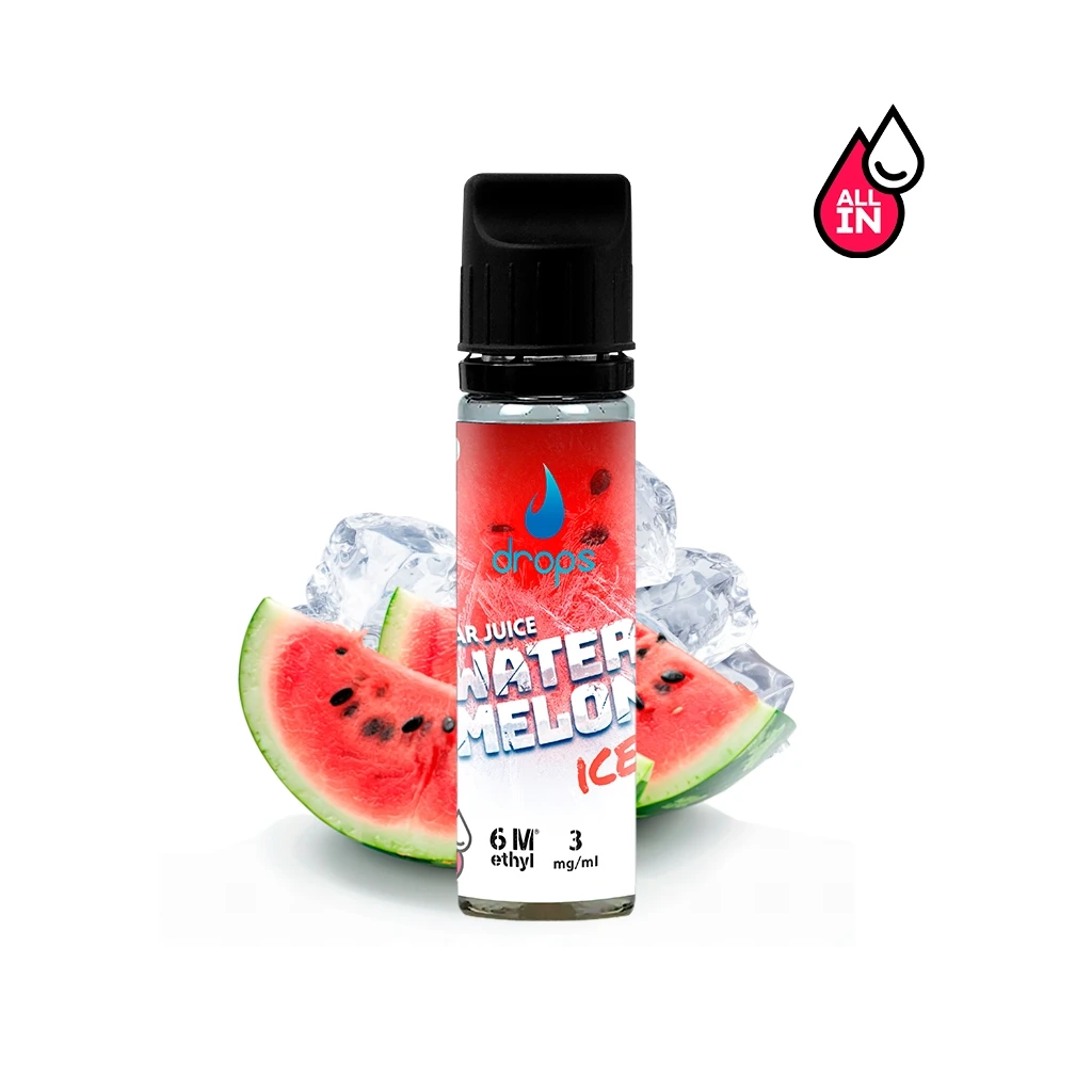 Frasco de líquido de vapeo Drops Watermelon Ice con tapón negro y etiqueta roja y blanca, ante rodajas de sandía y cubitos de hielo.