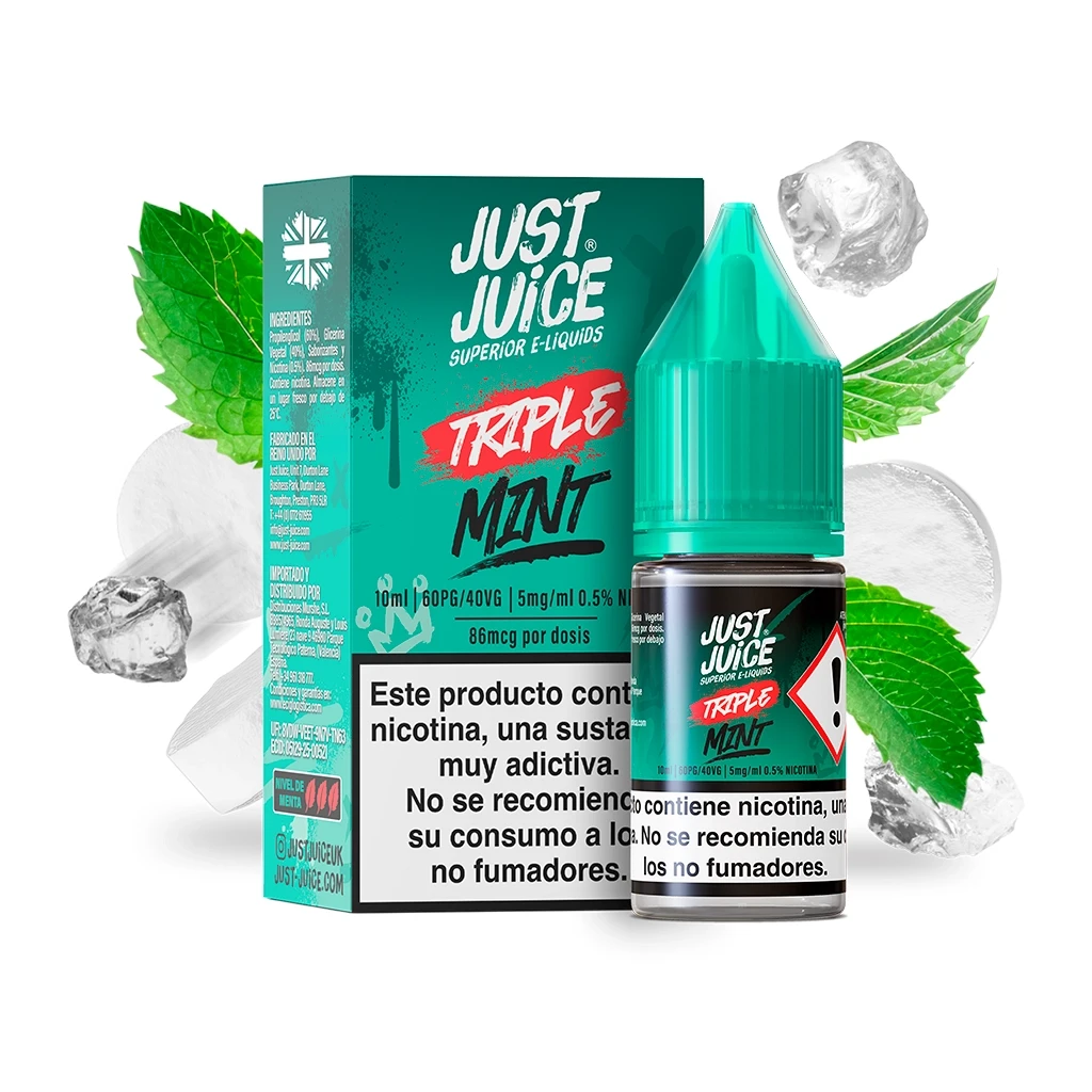 Just Juice Triple Mint en frasco con tapón verde y caja a juego, rodeados de hojas de menta y hielo sobre fondo blanco.