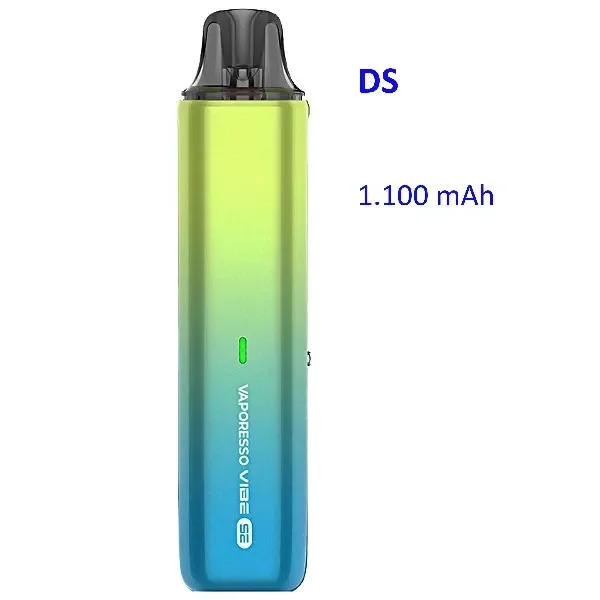 Vaporesso Vibe SE Spring Green en vertical, con degradado verde a azul, boquilla negra e indicador verde sobre fondo blanco. Vaporesso Vibe SE Spring Green en vertical, con degradado verde a azul, boquilla negra e indicador verde sobre fondo blanco.
