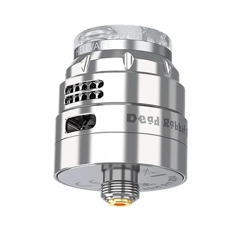 Hellvape Dead Rabbit Pro RDA plateado, con boquilla translúcida, entradas de aire laterales y conector roscado inferior.