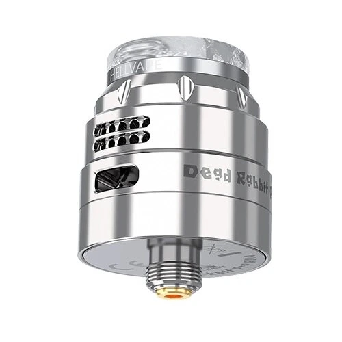 Hellvape Dead Rabbit Pro RDA plateado, con boquilla translúcida, entradas de aire laterales y conector roscado inferior.