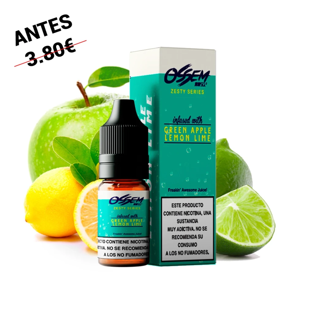 Frasco y caja turquesa de Ossem Salts Green Apple Lemon Lime, rodeados de manzana verde, limón y lima, con advertencia sobre nicotina.