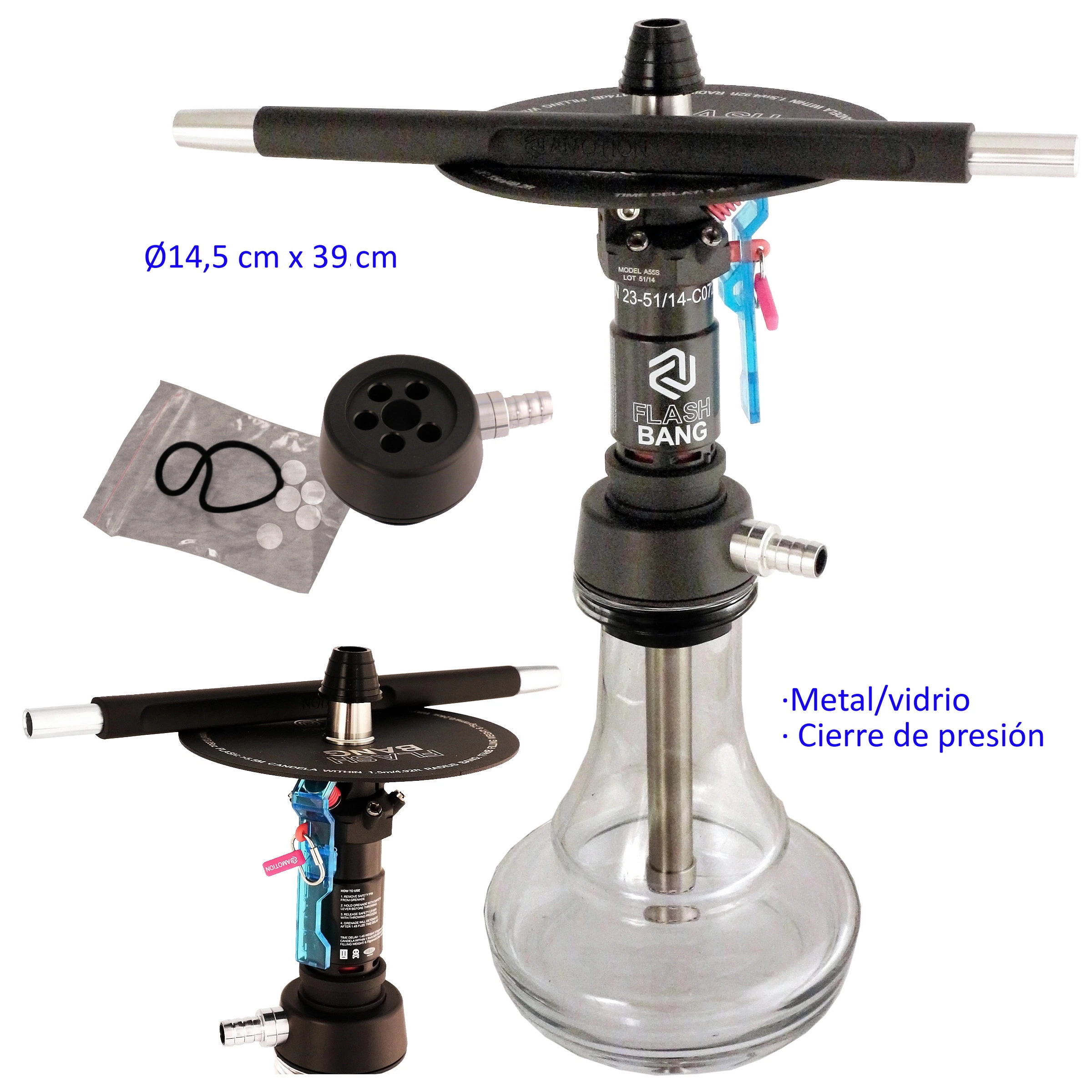 Shisha negra de 39 cm con base transparente, tubo y bandeja superior; montaje con vista del cuerpo desmontado y accesorios.
