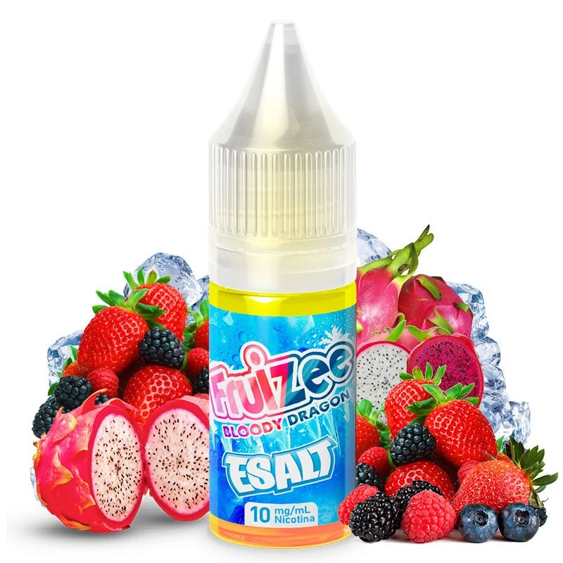 Frasco Fruizee Bloody Dragon E-salt con etiqueta de 10 mg/ml, rodeado de pitaya, frutos rojos y hielo sobre fondo blanco.