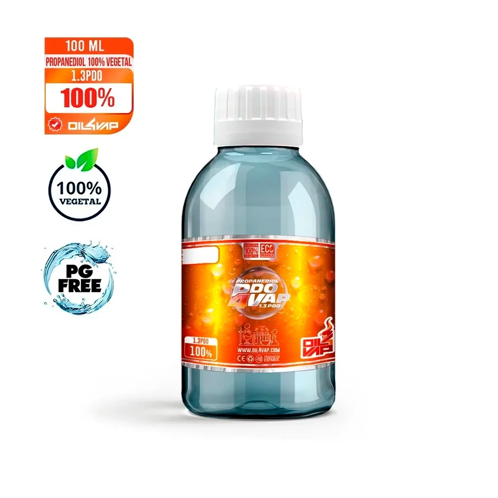 Botella de base PDO Oil4Vap con tapón blanco y etiqueta naranja, junto a distintivos de 100 ml, 100 % vegetal y PG FREE.