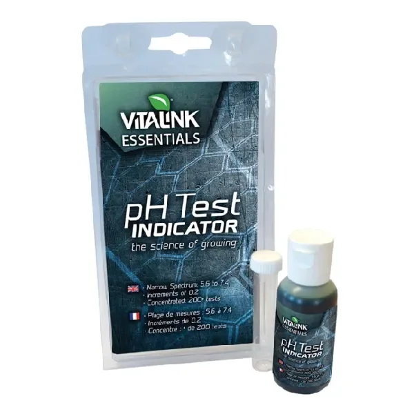 Kit pH Test Indicator VitaLink Essentials con envase, tubo transparente y frasco de tapón blanco; rango indicado de 5,6 a 7,4.