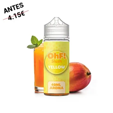 Frasco OhF! Slush Yellow con etiqueta amarilla «40 ml aroma» y tapón transparente, delante de un vaso naranja, hojas verdes y un mango.