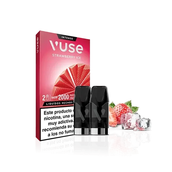 Pods negros Vuse junto a su caja rosa Strawberry Ice, con fresas y cubitos de hielo sobre fondo negro.