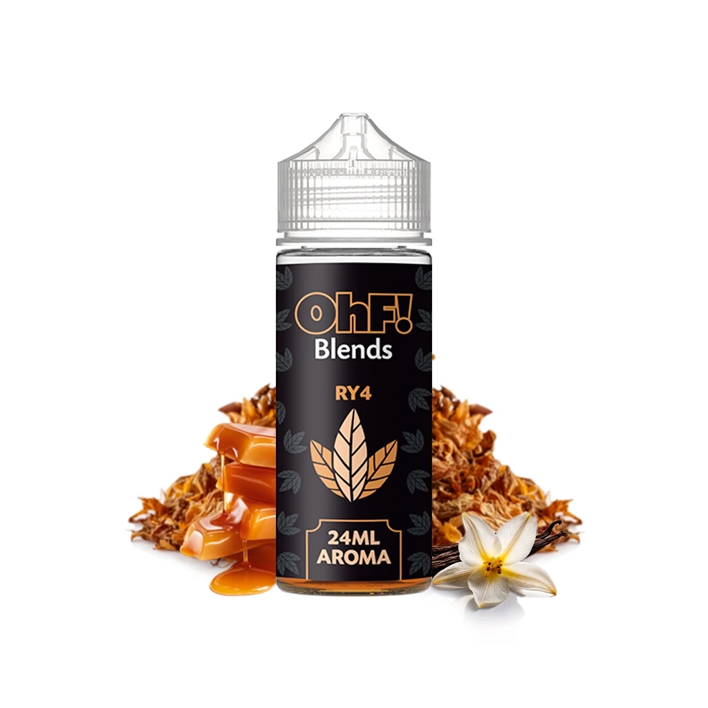 Bote OhF Blends RY4 con tapón transparente y etiqueta de 24 ml de aroma, rodeado de caramelo, hojas secas y una flor blanca.