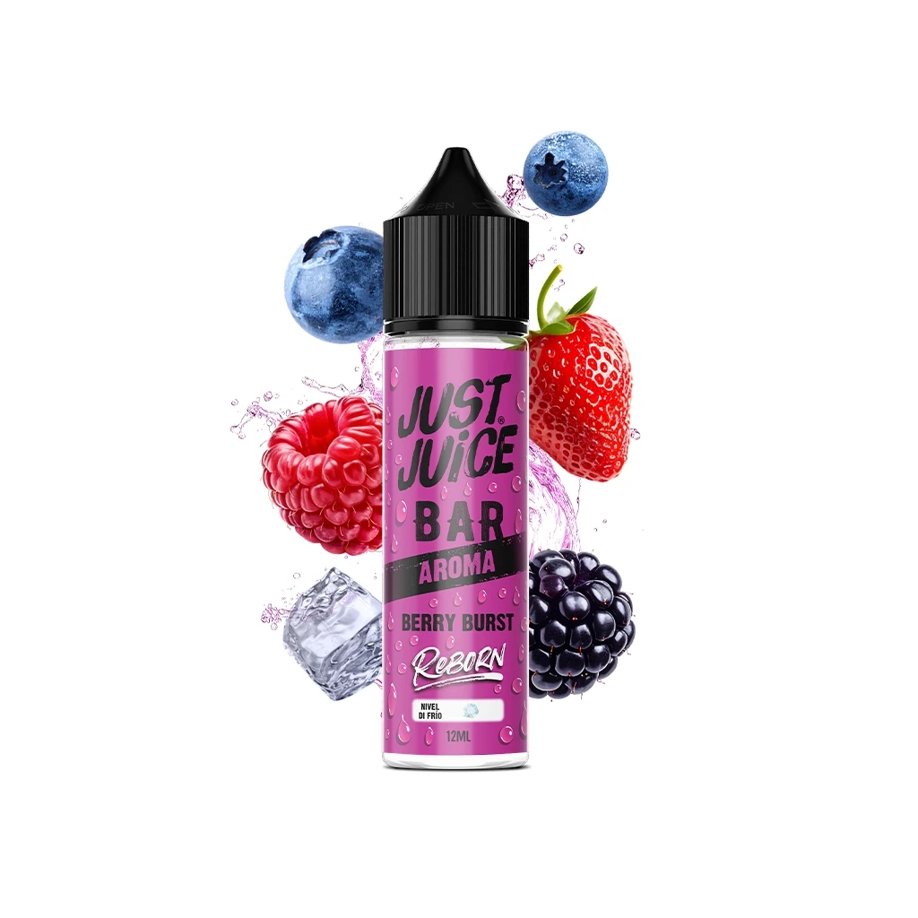 Frasco Just Juice Reborn Berry Burst de 12 ml con etiqueta rosa y tapón negro, rodeado de frutos rojos, arándanos y hielo.