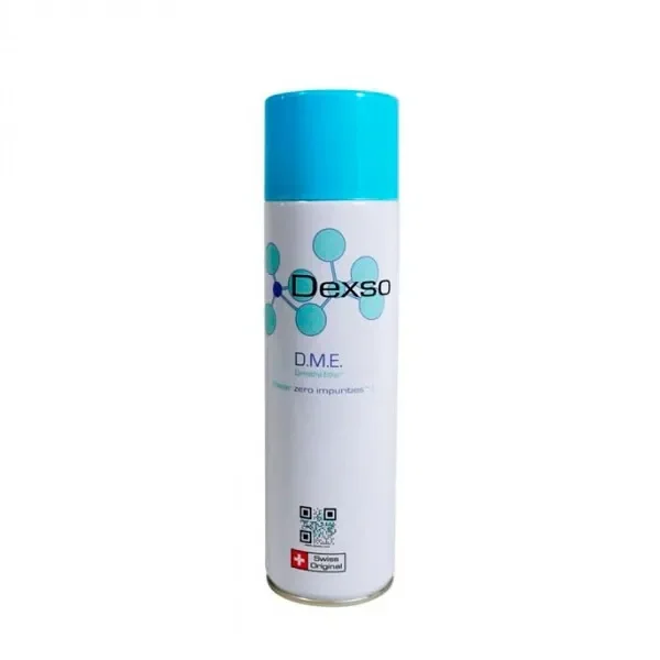 Envase cilíndrico blanco de gas de extracción Dexso D.M.E., con tapa turquesa, dibujo molecular y etiqueta Swiss Original.