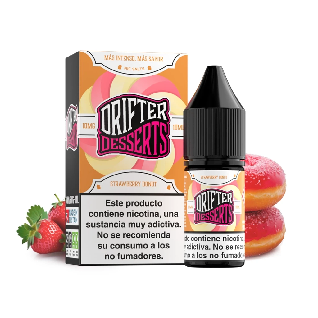 Frasco y caja de Drifter Desserts Strawberry Donut con etiqueta de 10 mg, fresas, dónuts de cobertura rosa y advertencia sobre nicotina.