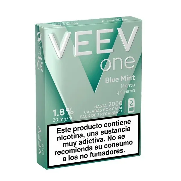 Caja verde de recargas VEEV One Blue Mint, con los textos Menta y Crema, 20 mg/ml y una advertencia sobre nicotina en español.