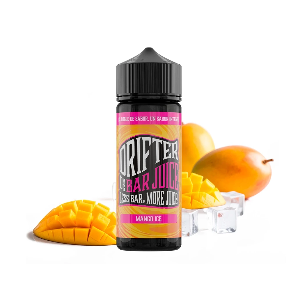 Frasco de Drifter Bar Mango Ice con tapón negro y etiqueta amarilla y rosa, rodeado de mangos enteros, cortados y cubitos de hielo.