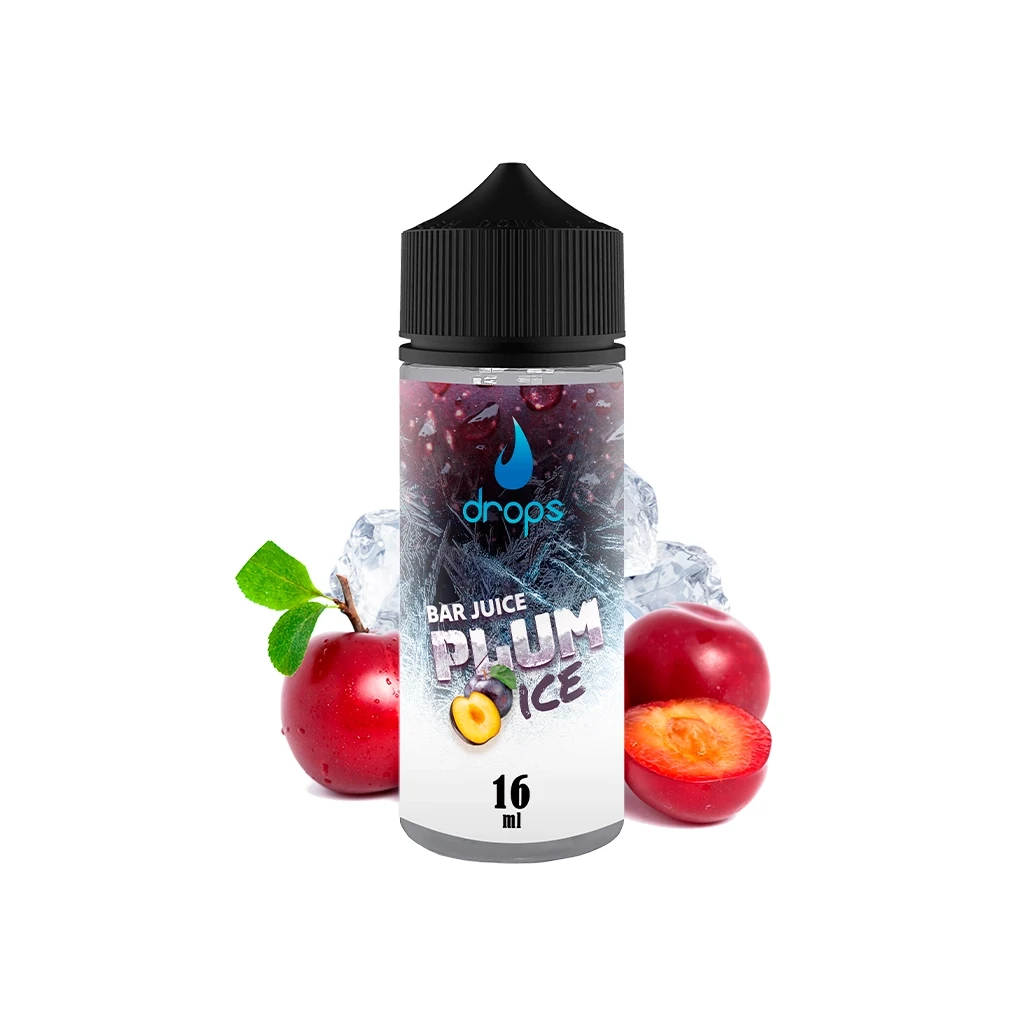 Bote Drops Bar Juice Plum Ice con tapón negro y etiqueta de 16 ml, acompañado de ciruelas enteras y cortadas y cubitos de hielo.