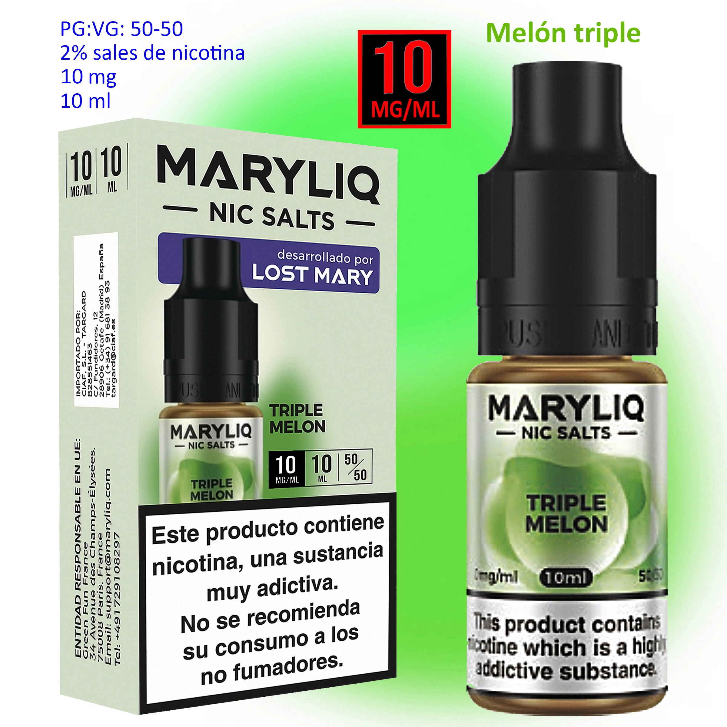 Caja y frasco de MARYLIQ Triple Melon con ilustraciones de melón, indicaciones de 10 mg/ml y 10 ml y advertencia sobre la nicotina.