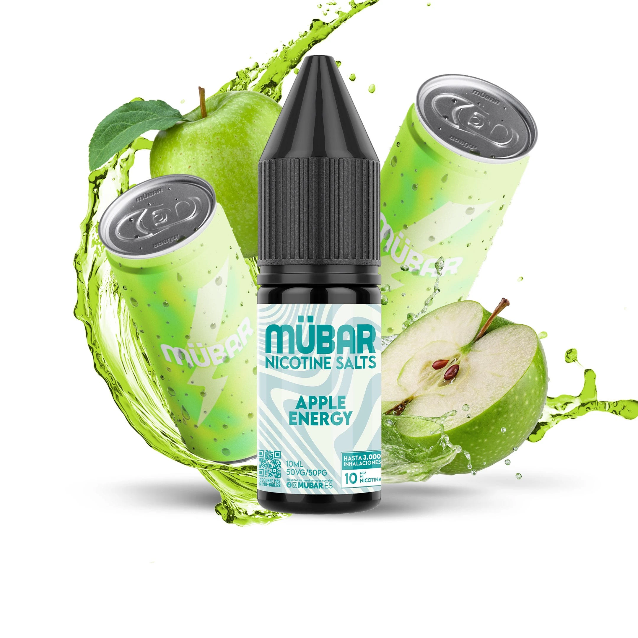 Frasco MÜBAR Nicotine Salts Apple Energy con tapón negro y etiqueta de 10 mg, rodeado de manzanas verdes, latas y salpicaduras verdes.