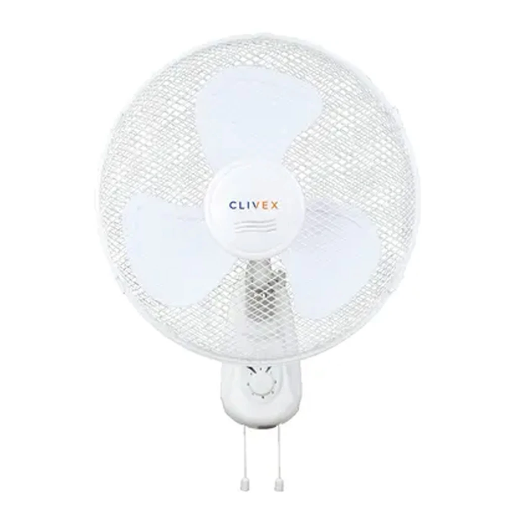 Ventilador blanco Clivex Eco Pared V2, visto de frente, con rejilla circular, selector inferior y cordones de control.