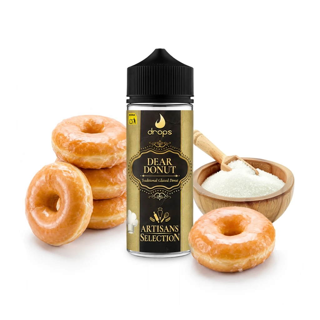 Bote Drops Artisans Selection Dear Donut con tapón negro y etiqueta dorada, rodeado de donuts glaseados y un cuenco de azúcar.