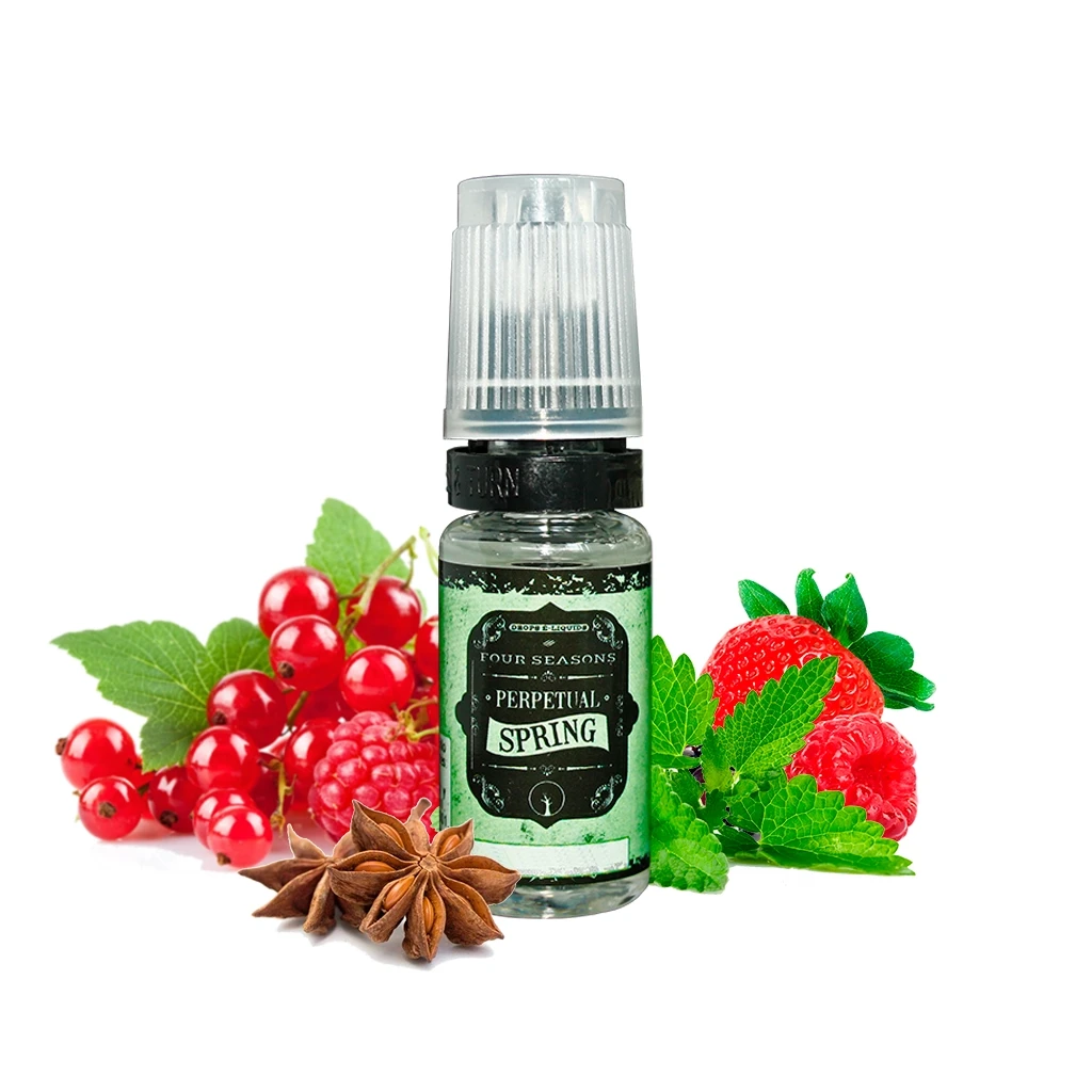 Frasco Drops Four Seasons Perpetual Spring con tapón translúcido, rodeado de frutos rojos, hojas verdes y anís estrellado.