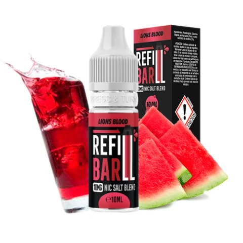 Frasco Refill Bar Salts Lions Blood de 10 ml con su caja, acompañado de rodajas de sandía y un vaso con bebida roja y hielo.
