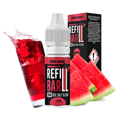 Frasco Refill Bar Salts Lions Blood de 10 ml con su caja, acompañado de rodajas de sandía y un vaso con bebida roja y hielo.