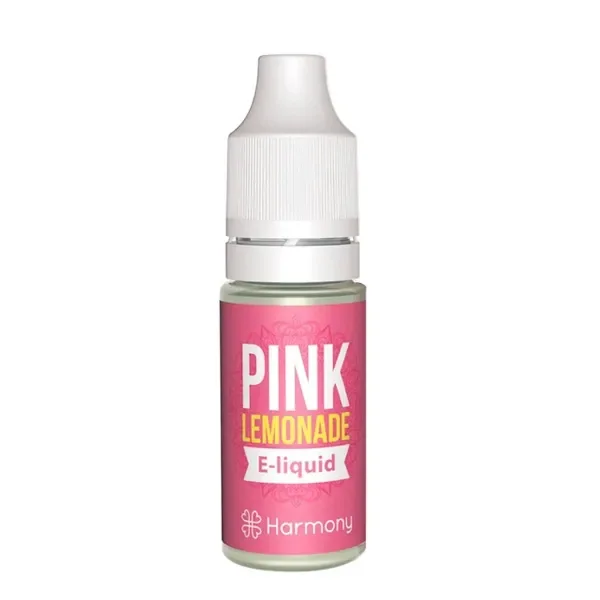 Frasco de e-liquid Harmony con tapón blanco y etiqueta rosa donde se lee Pink Lemonade, aislado sobre fondo blanco.