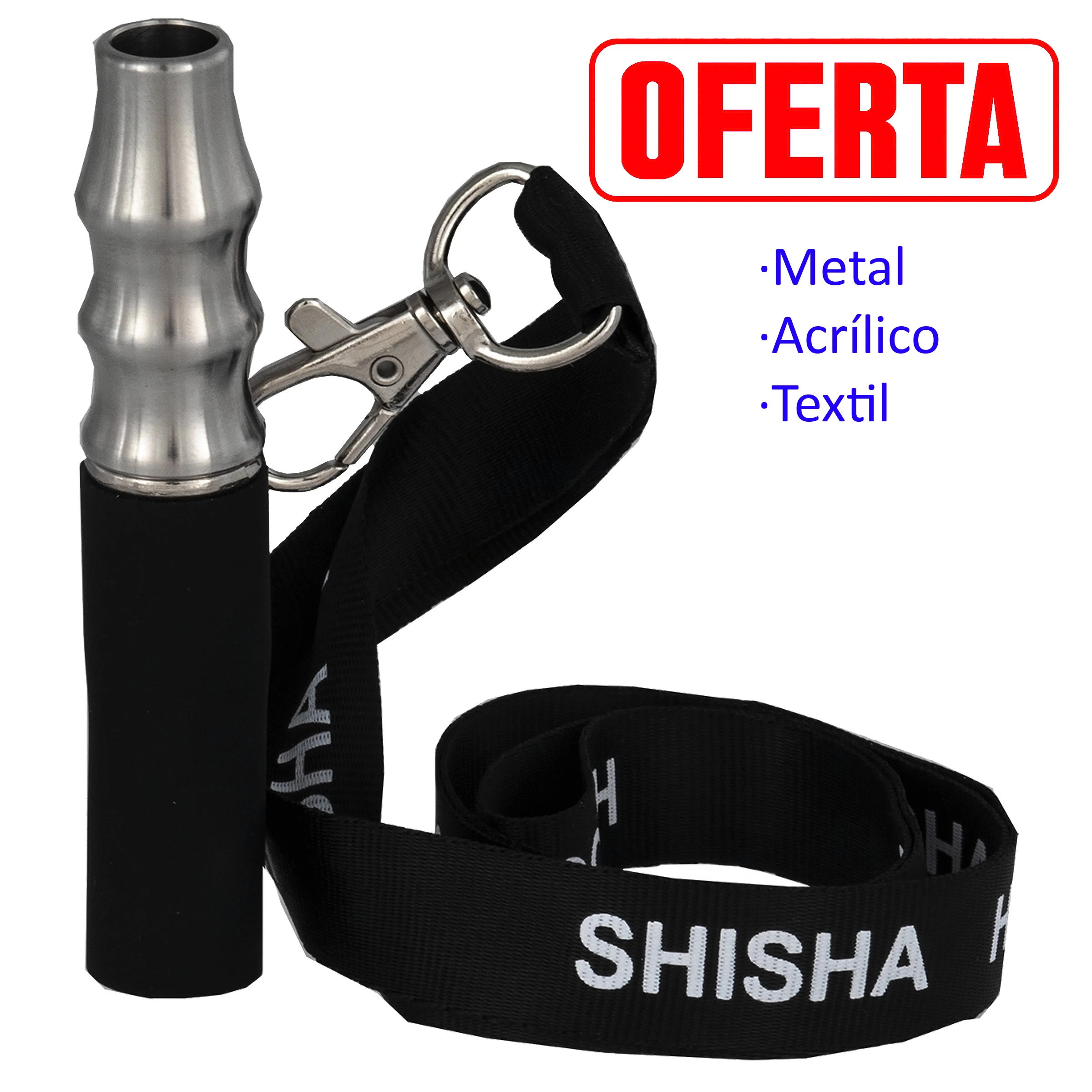 Boquilla metálica para shisha con extremo plateado contorneado, cuerpo negro y cinta negra con mosquetón y texto «SHISHA». Boquilla metálica para shisha con extremo plateado contorneado, cuerpo negro y cinta negra con mosquetón y texto «SHISHA».