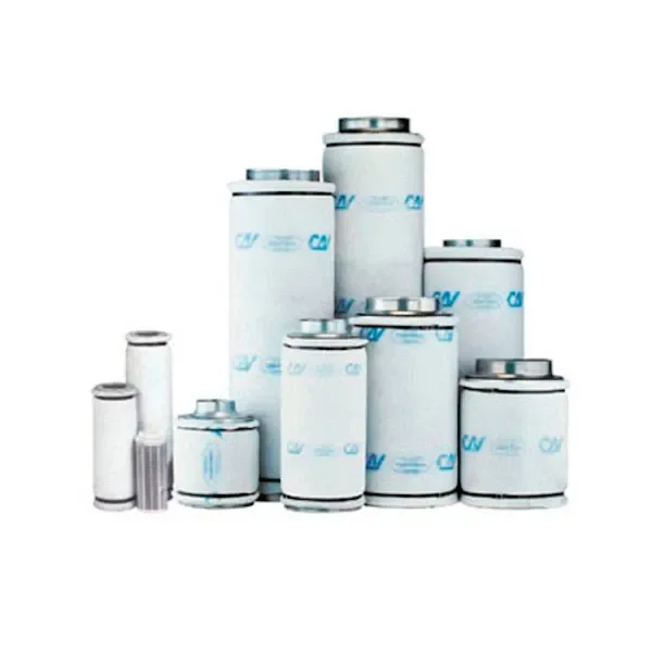 Selección de filtros cilíndricos Can Filter de distintas alturas y diámetros, con recubrimiento blanco y bocas metálicas superiores.