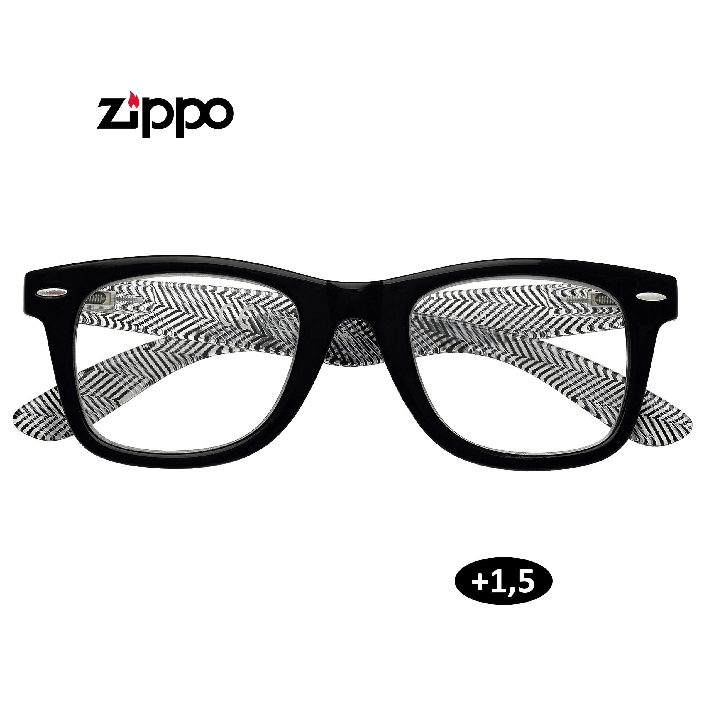 Gafas de lectura Zippo de +1,50 con montura negra rectangular y patillas con dibujo de espiga blanco y negro, vistas de frente.