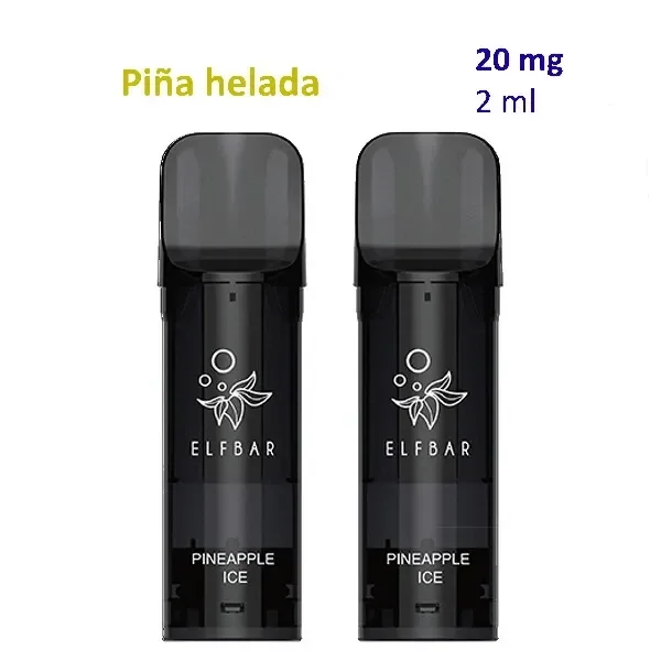 Pods negros Elfbar Pineapple Ice con boquillas oscuras translúcidas, junto a los textos «Piña helada», «20 mg» y «2 ml».