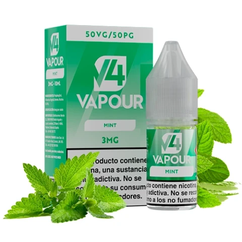 Frasco V4 Vapour Mint junto a su caja verde, con las indicaciones 3MG y 50VG/50PG, rodeado de hojas de menta.
