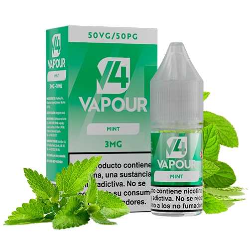 Frasco V4 Vapour Mint junto a su caja verde, con las indicaciones 3MG y 50VG/50PG, rodeado de hojas de menta.
