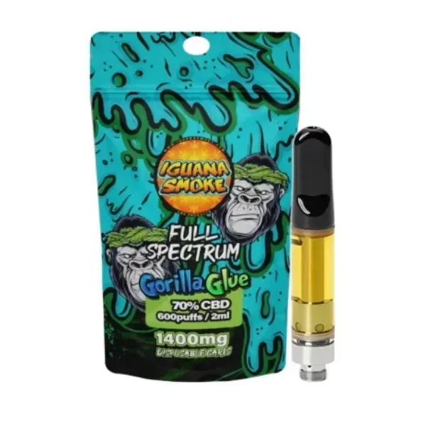 Cartucho con líquido amarillo y boquilla negra junto a una bolsa turquesa Iguana Smoke Gorilla Glue con ilustraciones de gorilas.