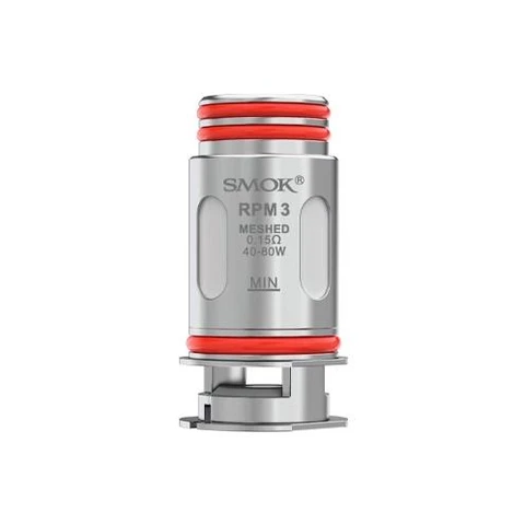 Resistencia Smok RPM 3 Mesh plateada con juntas rojas y grabado de 0,15 Ω y 40–80 W, sobre fondo blanco.