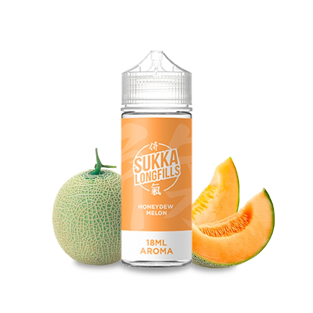 Frasco Sukka Honeydew Melon Longfill con etiqueta naranja de 18 ml y tapón transparente, junto a un melón entero y rodajas.