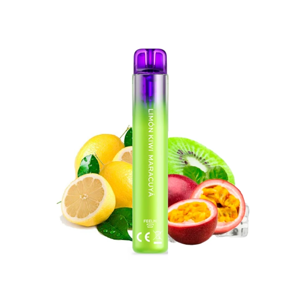 Vapeador Vozol Neon de limón, kiwi y maracuyá, con cuerpo verde y boquilla morada, delante de frutas cortadas sobre fondo blanco. Vapeador Vozol Neon de limón, kiwi y maracuyá, con cuerpo verde y boquilla morada, delante de frutas cortadas sobre fondo blanco.