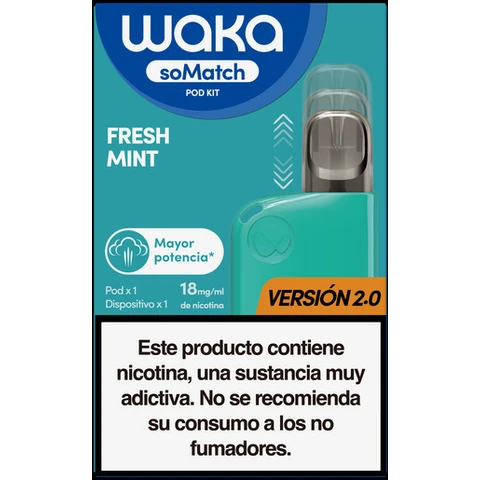 Envase turquesa del Waka soMatch Fresh Mint con dispositivo ilustrado, indicación de 18 mg/ml y advertencia sobre la nicotina.