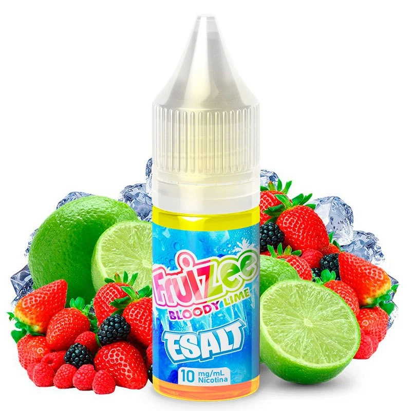 Frasco de Bloody Lime E-salt con etiqueta de nicotina de 10 mg/ml, rodeado de limas enteras y cortadas, frutos rojos y cubitos de hielo.