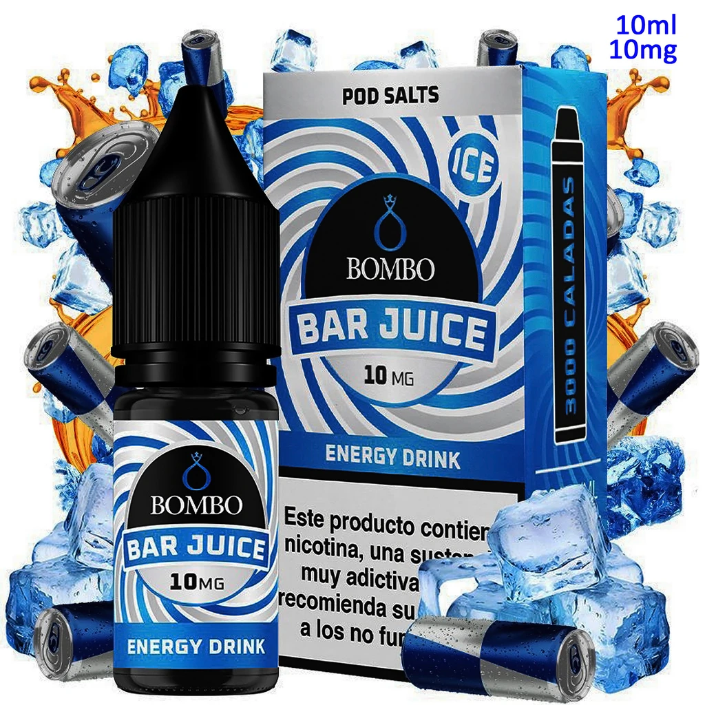 Frasco y caja de Bombo Bar Juice Energy Drink Ice de 10 ml y 10 mg, con diseño azul y blanco, rodeados de hielo y latas ilustradas.