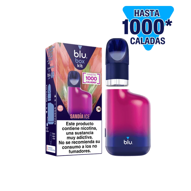 Blu Box Kit Sandía Ice con caja, dispositivo rosa y azul y boquilla separada, sobre fondo negro.