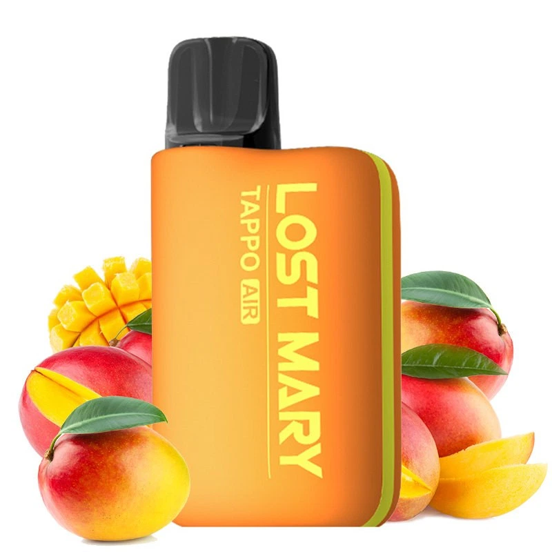 Vapeador naranja con boquilla negra y texto Lost Mary Tappo Air, rodeado de mangos enteros y cortados sobre fondo blanco.