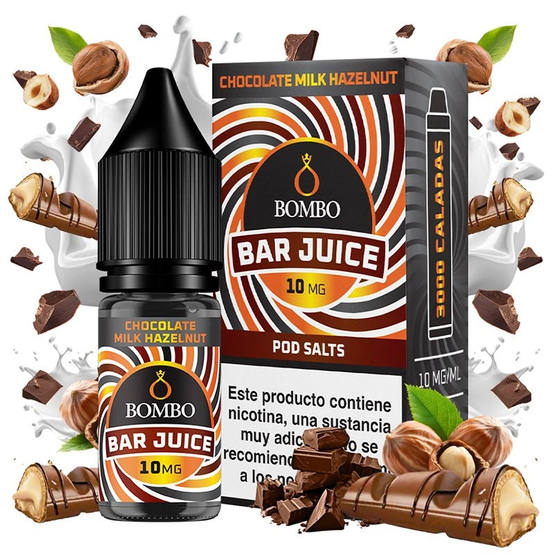 Frasco y caja de Bombo Bar Juice Chocolate Milk Hazelnut de 10 mg/ml, rodeados de chocolate, avellanas y salpicaduras blancas.